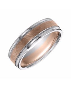 6.5MM 14K Two-Toned Brushed Rose Gold Center Milgrain Polished Edge 6.5MM Men's Band 