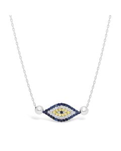14kt White Gold Diamond & Sapphire with Gold Beads Evil Eye Necklace