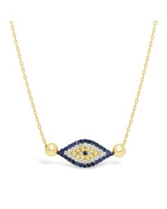 14kt Yellow Gold Diamond & Sapphire with Gold Beads Evil Eye Necklace