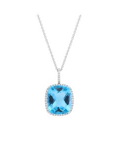 James Free White Gold Cushion Blue Topaz and Diamond Necklace