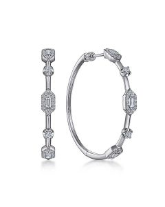 Gabriel & Co. 14K White Gold 40mm Diamond Baguette and Round Station Classic Hoop Earrings EG14276W44JJ