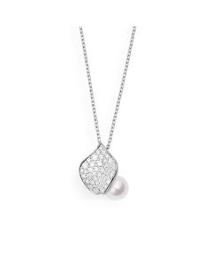 Mikimoto 18K White Gold Diamond Petal & Akoya Pendant Necklace MPA10363ADXW