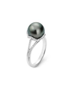 Mikimoto 18K Split Shank Black South Sea Pearl & Diamond Ring MRA10225BDXW