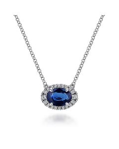 Gabriel & Co. 14K White Gold Oval Sapphire and Diamond Halo Pendant Necklace NK5385W45SA