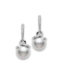 Mikimoto 18K Gold Diamond & White South Sea Twist Drop Earrings PEA1054NDW