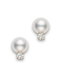 Mikimoto Akoya Pearl 7.5-8mm AA & Diamond Yellow Gold Stud Earrings