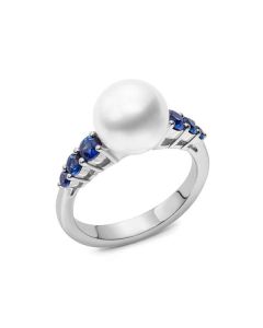 Mikimoto 18K Gold White South Sea Pearl & Blue Sapphire Ring PRA541NSW