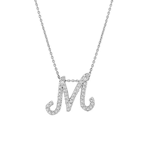 Roberto Coin Tiny Treasures Cursive Diamond M Initial Necklace in 18K White Gold