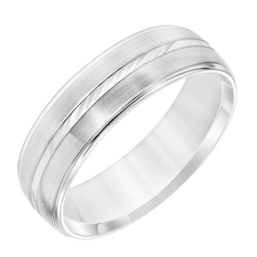 6MM Satin Diamond Cut Strip Center Design 14K White Gold Men's Band