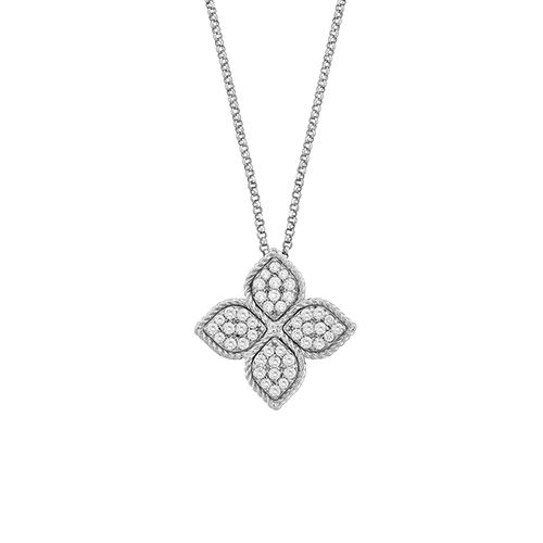 Roberto Coin Princess Large Diamond Flower Pendant Necklace in 18K White Gold