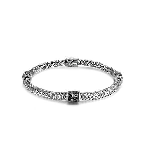 John Hardy Classic Chain Silver Link Bracelet with Four Black Sapphire Stations
