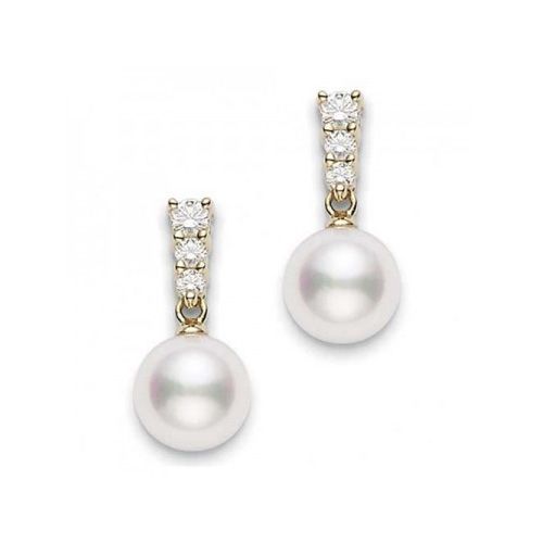 Mikimoto Morning Dew Akoya Pearl 8mm & Diamond Yellow Gold Earrings