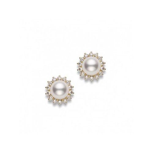 Mikimoto Sunburst Pearl & Diamond Yellow Gold Earrings