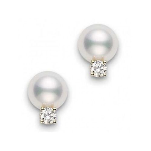 Mikimoto Akoya Pearl 7.5-8mm AA & Diamond Yellow Gold Stud Earrings