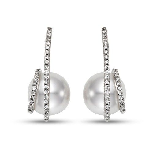 Diamond Swirl White South Sea Pearl Drop Earrings