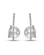 Diamond Swirl White South Sea Pearl Drop Earrings