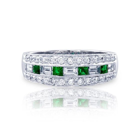 JB Star Diamond And Emerald Platinum Wedding Band 0543-063