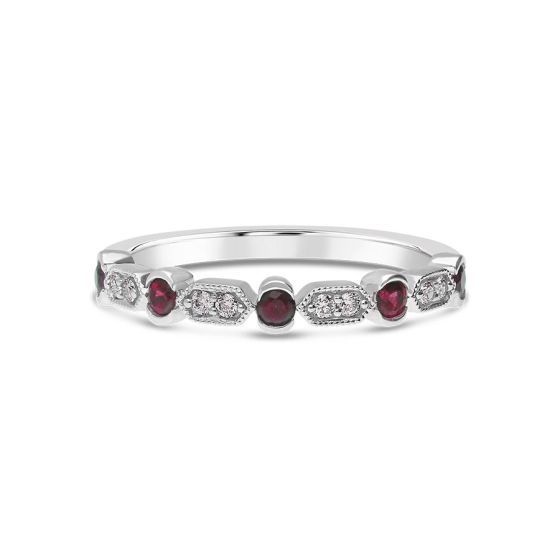 White Gold Red Ruby Diamond Stackable Ring Band