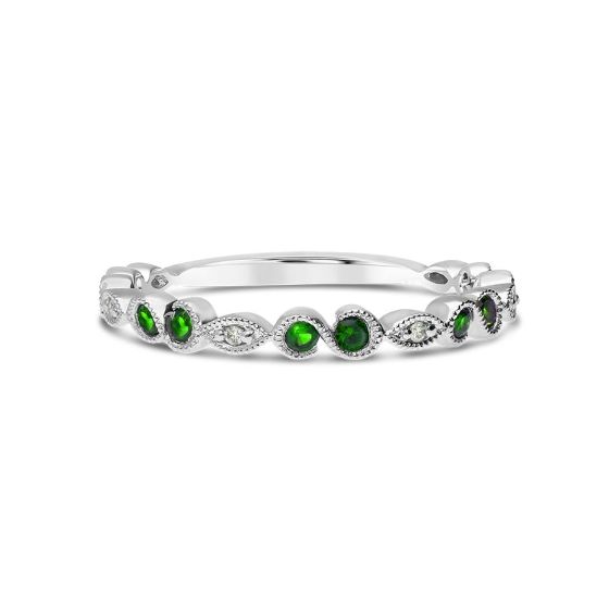White Gold Green Tsavorite & Diamond Milgrain Stackable
