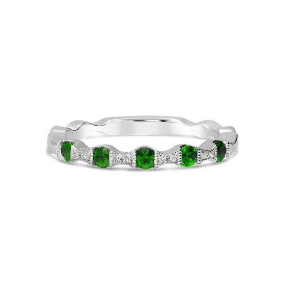 White Gold Green Tsavorite & Diamond Wave Stackable Ring