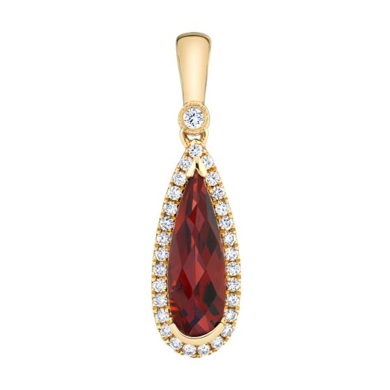 James Free 14K Yellow Gold Halo Pear Shaped Garnet And Diamond Pendant