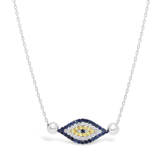 14kt White Gold Diamond & Sapphire with Gold Beads Evil Eye Necklace