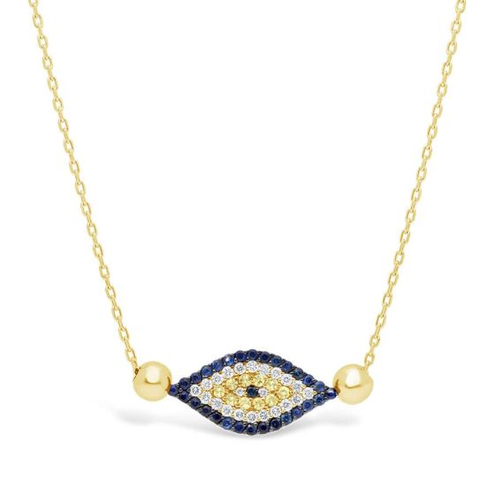 14kt Yellow Gold Diamond & Sapphire with Gold Beads Evil Eye Necklace