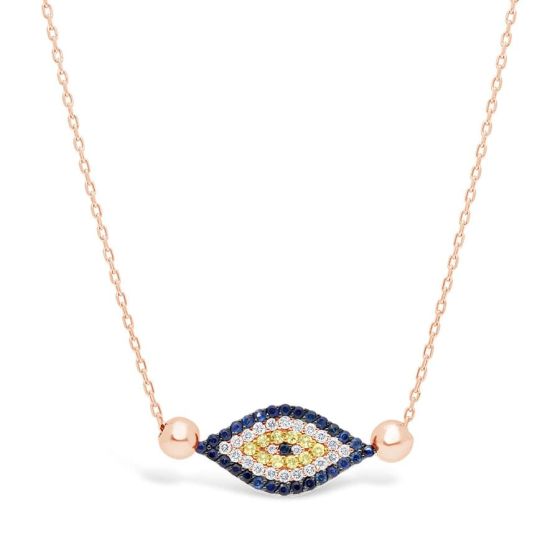14kt Rose Gold Diamond & Sapphire with Gold Beads Evil Eye Necklace