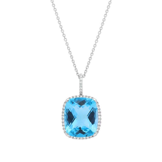 James Free White Gold Cushion Blue Topaz and Diamond Necklace