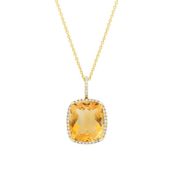 James Free Jewelers Yellow Gold Cushion Citrine Center & Diamond Halo Necklace