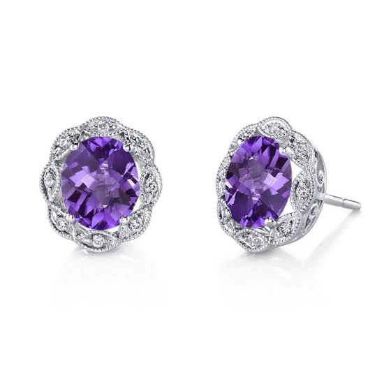 James Free Jewelers White Gold Diamond & Amethyst Stud Earrings