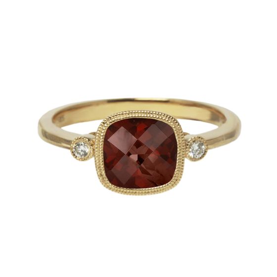 James Free Jewelers Yellow Gold Cushion Garnet & Bezel Set Diamond Ring
