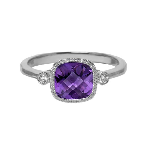 James Free Jewelers White Gold Cushion Amethyst & Bezel Set Diamond Ring