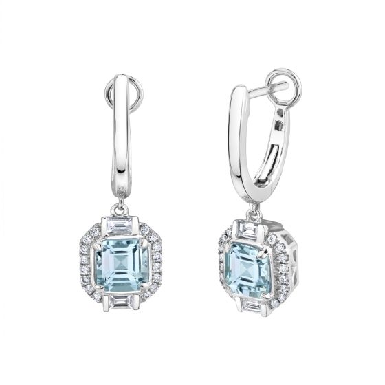 James Free 14K White Gold Aquamarine Halo Diamond Earrings