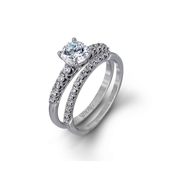 Simon G 18K White Gold Diamond Pave Engagement & Wedding Set	