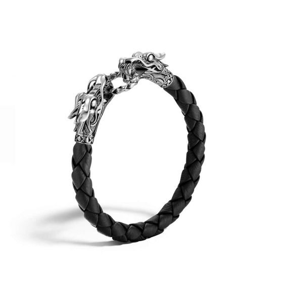John Hardy Men's 8MM Legends Naga Black Leather Bracelet & Silver Dragon Heads