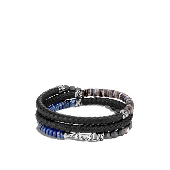 John Hardy Classic Chain Sterling Silver & Black Woven Leather with Opal & Silver Calcite Triple Wrap Bracelet BMS90461BLOPKN