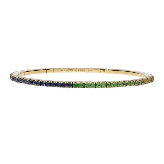 Roberto Demeglio "Extensible" 18K Yellow Gold Stretch Blue Green Rainbow Sapphire Tennis Bracelet. 