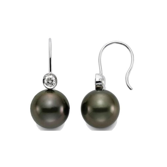 Classic Luster 18K White Gold Black Tahitian Pearl and Diamond Earrings 10-10.5mm