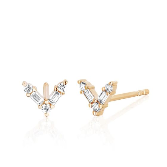 EF Collection 14k Rose Gold Diamond Baguette Chevron Stud Earrings