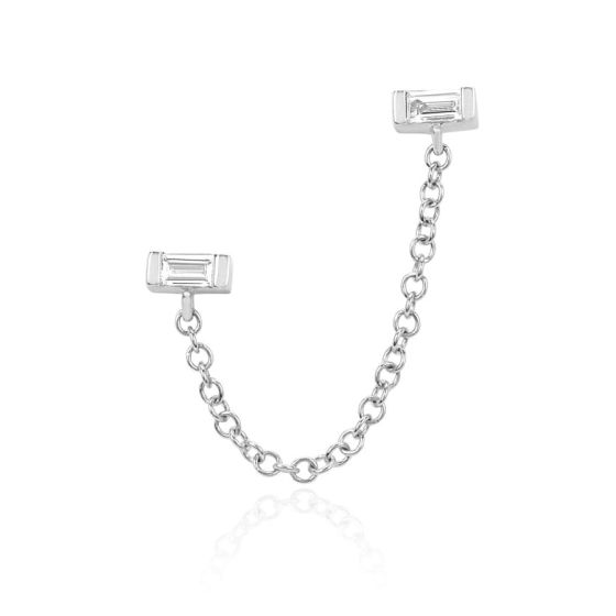 EF Collection 14k White Gold Diamond Baguette Chain Double Stud Earrings