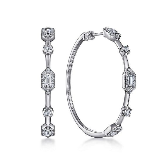 Gabriel & Co. 14K White Gold 40mm Diamond Baguette and Round Station Classic Hoop Earrings EG14276W44JJ