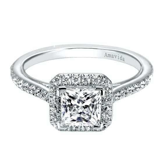 ER6305W83JJ Amavida Amaranta 18k White Gold Diamond Square Halo Princess Cut Semi-Mount Engagement Ring 