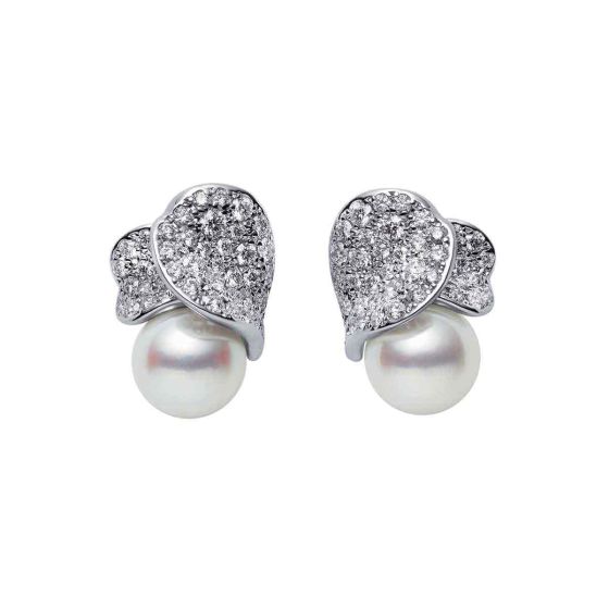 Mikimoto 18K White Gold Akoya & Diamond Petal Stud Earrings MEQ10090ADXW
