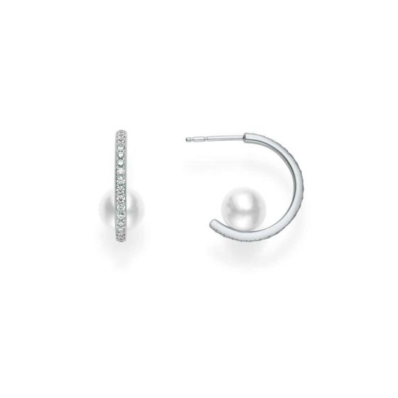 Mikimoto 18K White Gold Diamond & Akoya Huggie Earrings MEQ10098ADXW