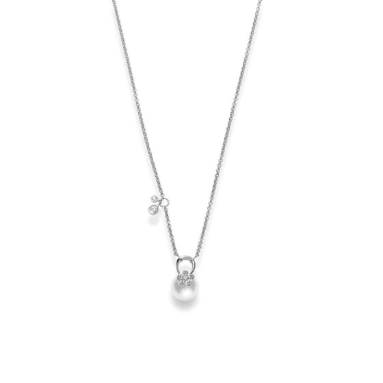 Mikimoto White Gold Diamond Dangle Flower & Pearl Necklace