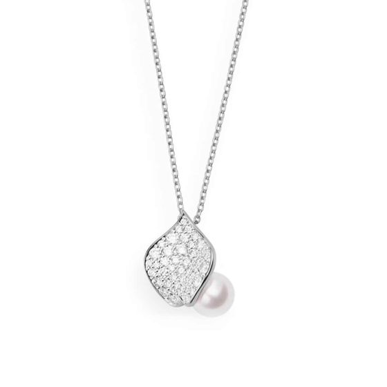 Mikimoto 18K White Gold Diamond Petal & Akoya Pendant Necklace MPA10363ADXW