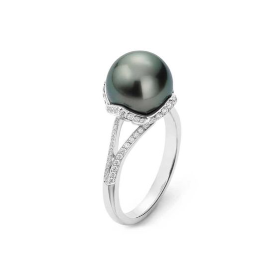 Mikimoto 18K Split Shank Black South Sea Pearl & Diamond Ring MRA10225BDXW