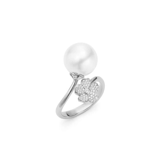 Mikimoto 18K White Gold Diamond Cherry Blossom & Pearl Ring MRA10227NDXW