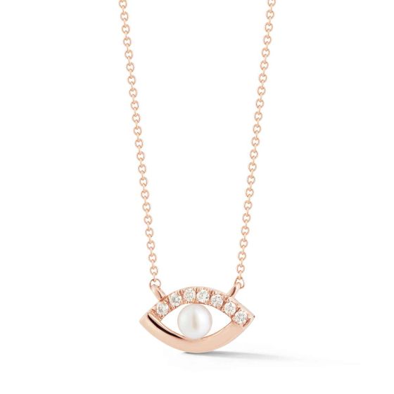 Dana Rebecca 14K Rose Gold Evil Eye Pendant Necklace With Diamonds & Pearl N2426-ROSE-18